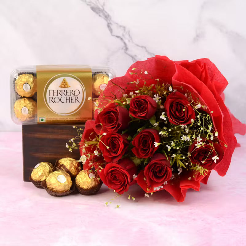 Elegant 8 Red Roses Bouquet With Ferrero Rocher (16 pcs)