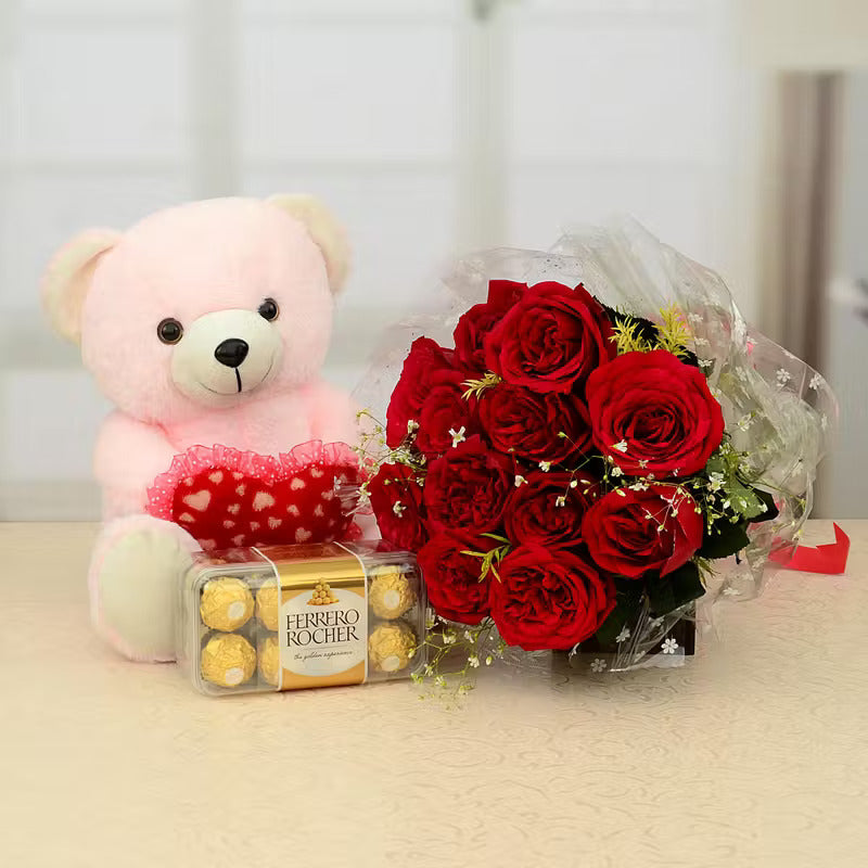 Ferrero Rocher, Red Roses & Pink Teddy Combo