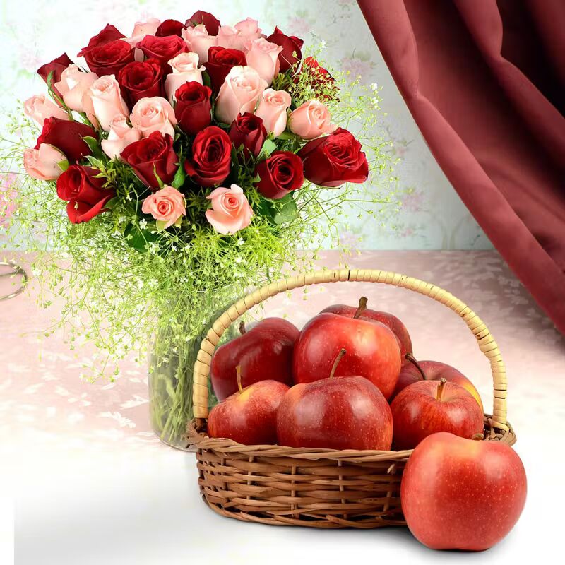36 Red And Pink Roses In Vase With 1 Kg Apples In Handle Basket