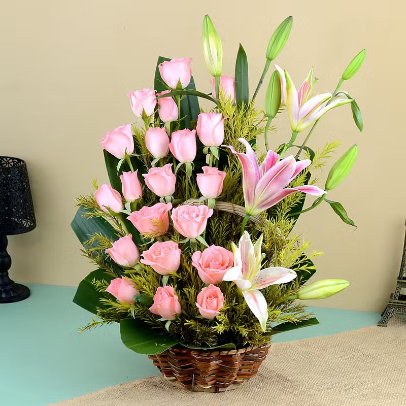 Pink Roses And Lily Handle Basket
