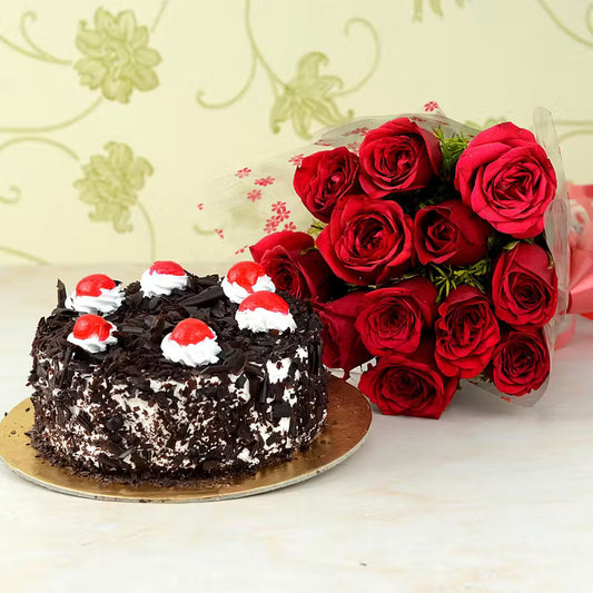Black Forest Cake With 12 Red Dutch Roses