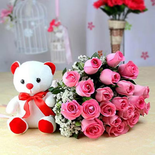 Red & White Love You Teddy With 24 Pink Roses Bouquet
