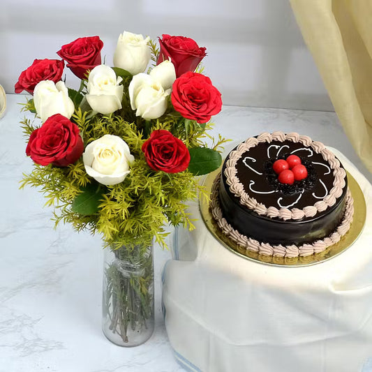 Elegant Red & White Roses With Dark Chocolate Truffle Cake