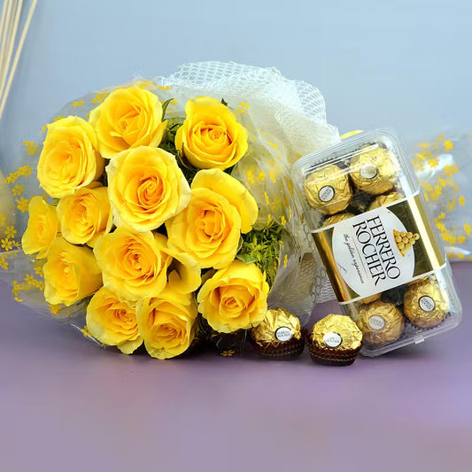 12 Yellow Roses With Gypsophila & Ferrero Rocher Treat