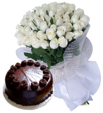 50 White Roses & Half Kg Chocolate Cake Combo