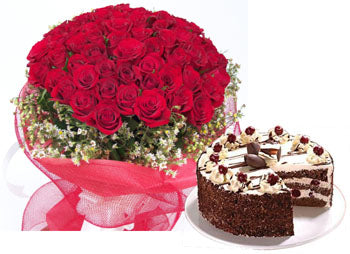 Elegant 50 Red Roses Bunch With Black Forest Delight