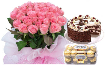 50 Pink Roses, Black Forest Cake & Ferrero Rocher Combo