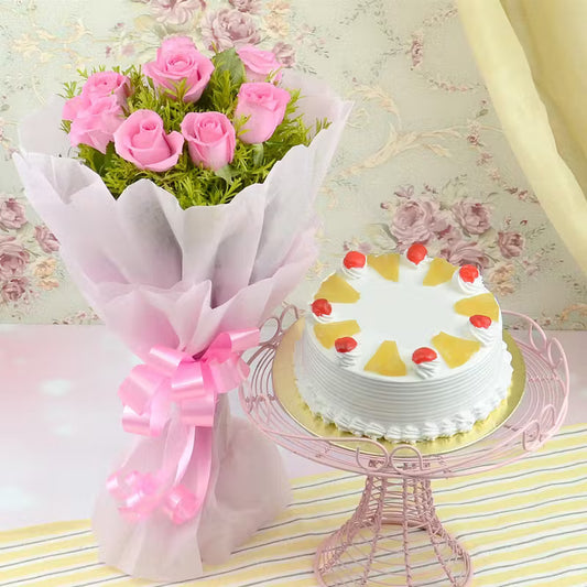 Pineapple Cake with 8 Pink Roses