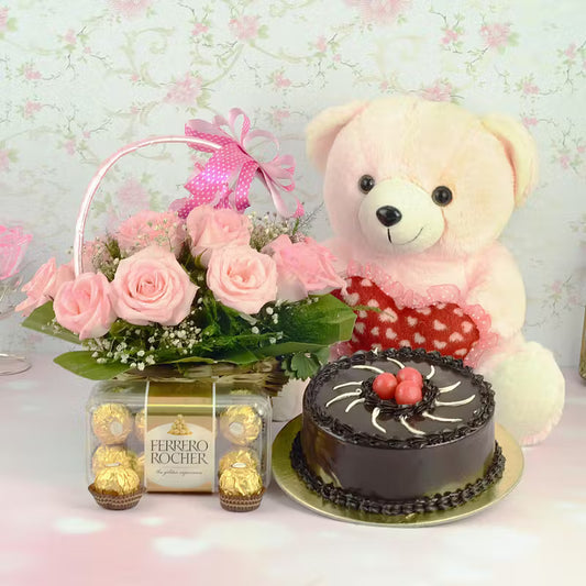 Pink Roses Basket With Cake, Ferrero & Teddy