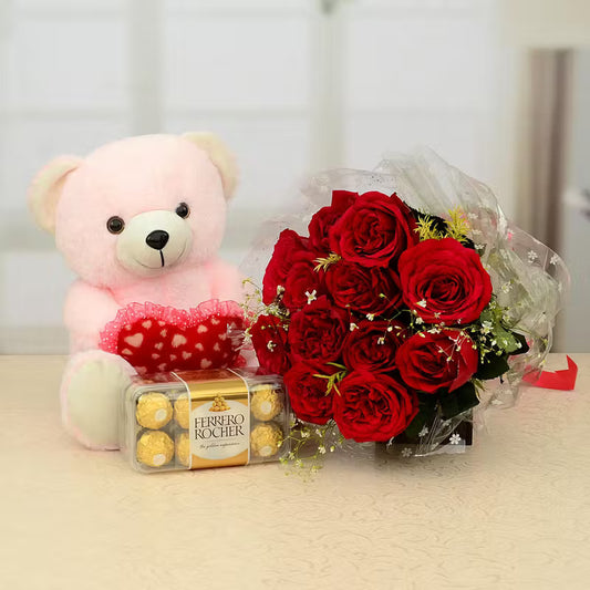 Ferrero Rocher, Red Roses & Pink Teddy Combo
