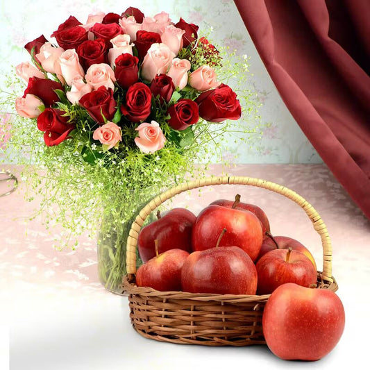 36 Red And Pink Roses In Vase With 1 Kg Apples In Handle Basket