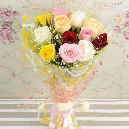 12 Multicolored Rose Bunch