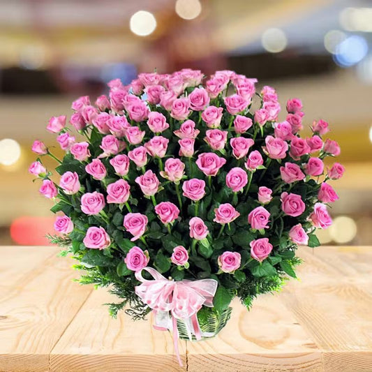 100 Pink Roses Basket