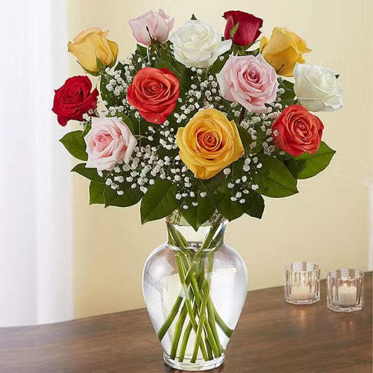 12 Mixed Roses In Vase