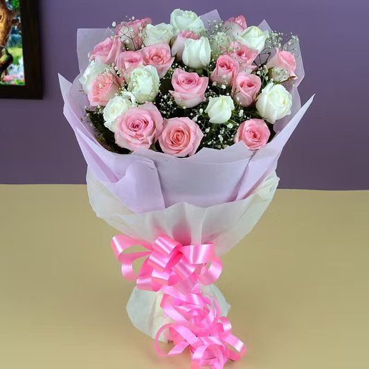 15 Pink And 10 White Roses Bunch