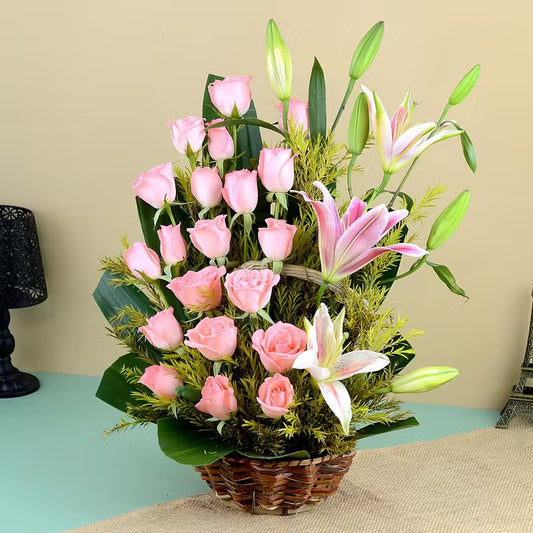 Pink Roses And Lily Handle Basket