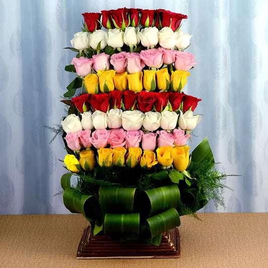 60 Multicolored Roses In Ladder Basket