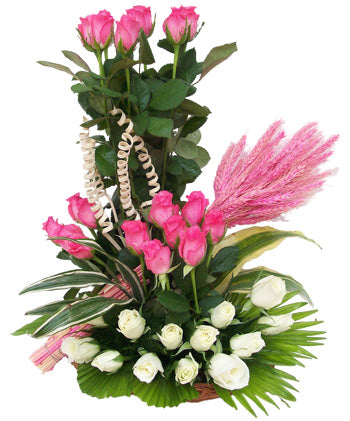 Pink And White Rose Basket With Dry Wheat Grass